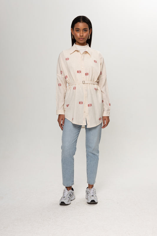 BEJ PEMBE RENKLİ SALAŞ KEMERLİ GÖMLEK