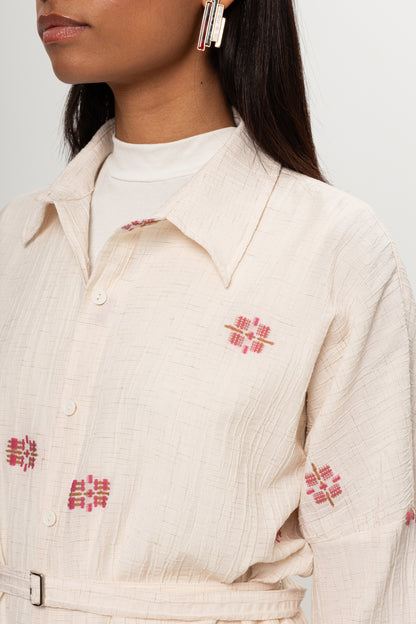 BEJ PEMBE RENKLİ SALAŞ KEMERLİ GÖMLEK