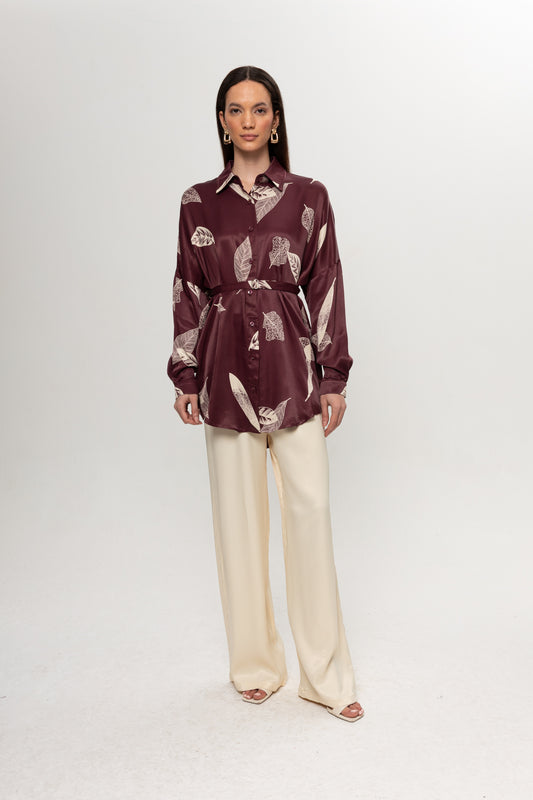 BORDO YAPRAK DESENLİ SATEN PANTOLON TAKIM