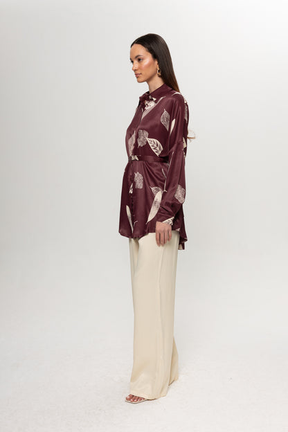 BORDO YAPRAK DESENLİ SATEN PANTOLON TAKIM