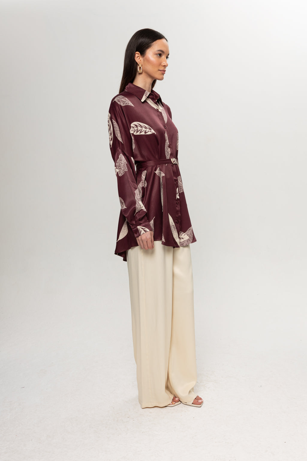 BORDO YAPRAK DESENLİ SATEN PANTOLON TAKIM