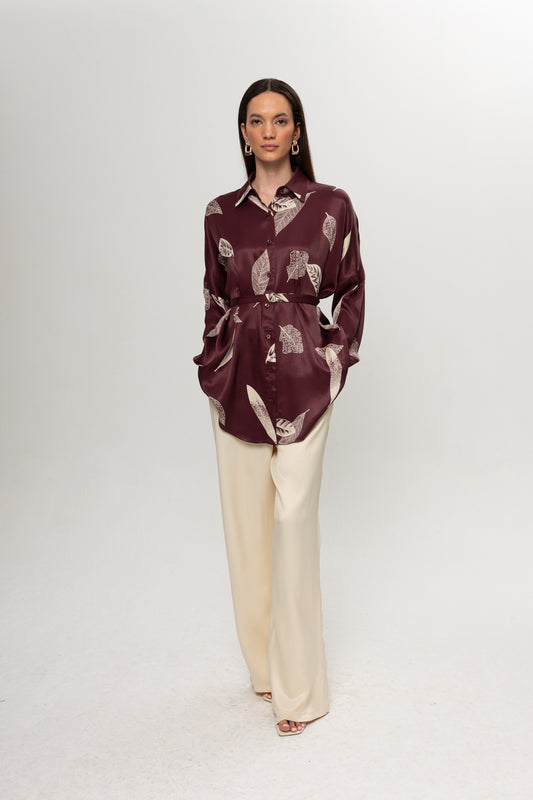 BORDO YAPRAK DESENLİ SATEN PANTOLON TAKIM