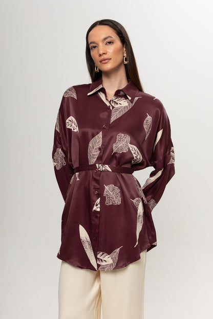 BORDO YAPRAK DESENLİ SATEN PANTOLON TAKIM