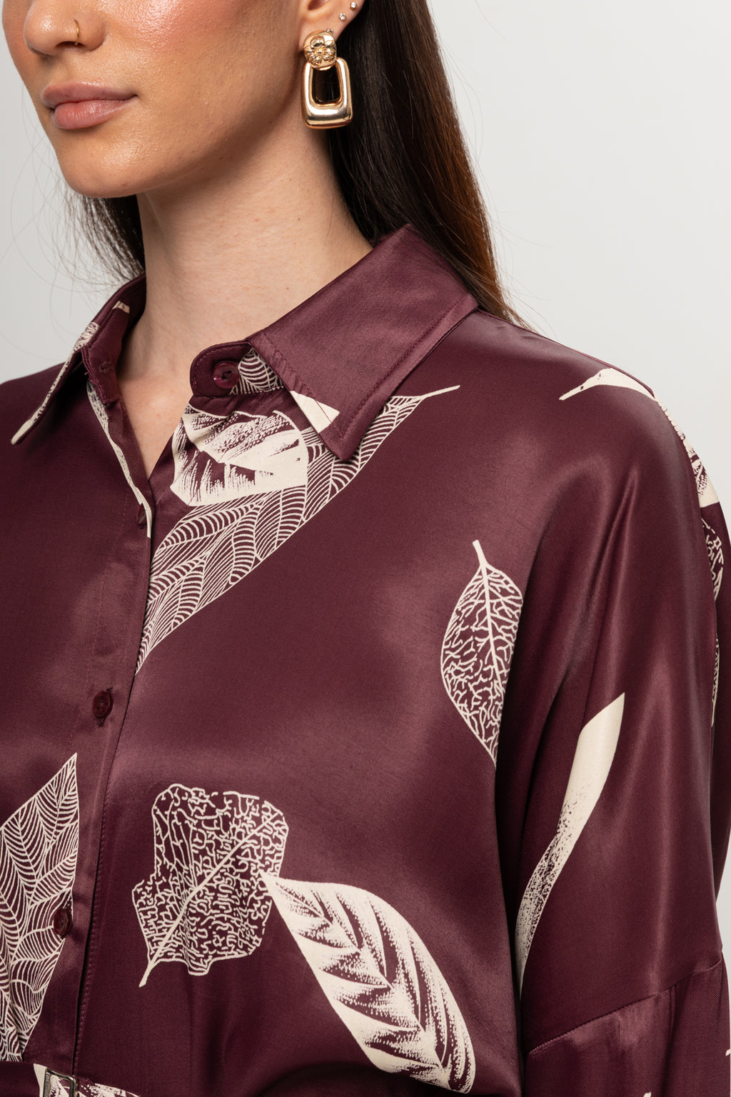BORDO YAPRAK DESENLİ SATEN PANTOLON TAKIM