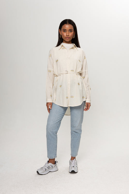 BEJ YEŞİL VE MOR RENKLİ SALAŞ KEMERLİ GÖMLEK