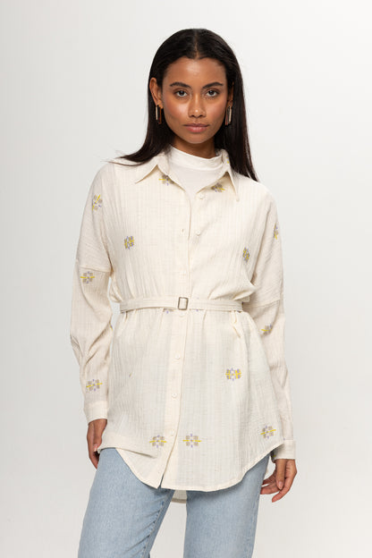 BEJ YEŞİL VE MOR RENKLİ SALAŞ KEMERLİ GÖMLEK