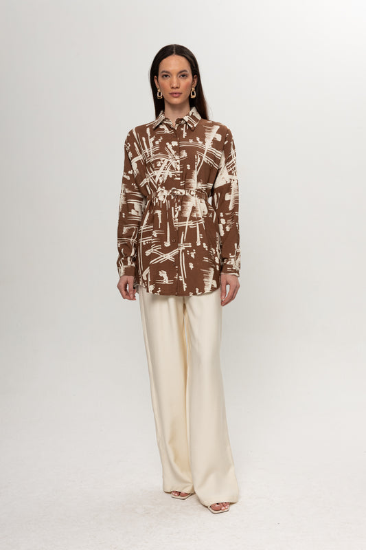 KAHVE BEJLİ KARIŞIK DESENLİ PANTOLON TAKIM