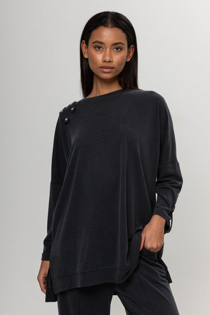 SİYAH OMUZLARI DÜĞME DETAYLI İKİLİ TAKIM