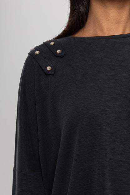 SİYAH OMUZLARI DÜĞME DETAYLI İKİLİ TAKIM
