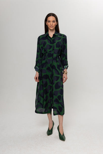 LACİVERT YEŞİL DESENLİ GÖMLEK ELBİSE