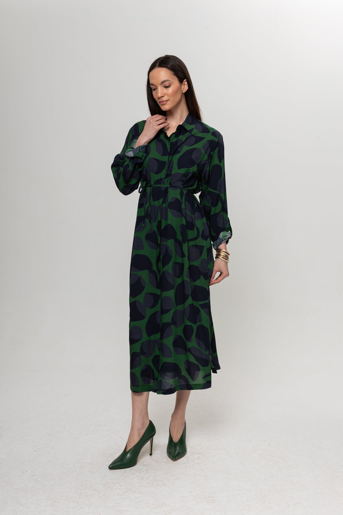 LACİVERT YEŞİL DESENLİ GÖMLEK ELBİSE