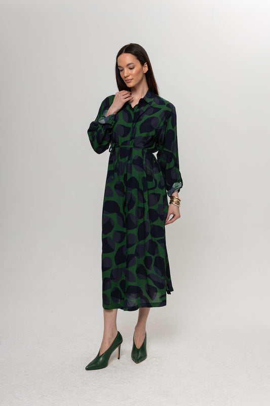 LACİVERT YEŞİL DESENLİ GÖMLEK ELBİSE