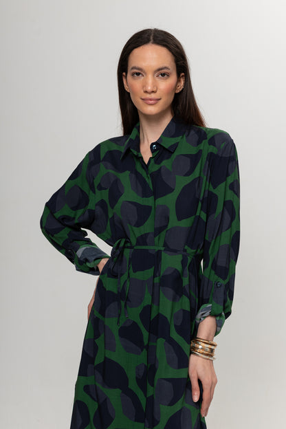 LACİVERT YEŞİL DESENLİ GÖMLEK ELBİSE