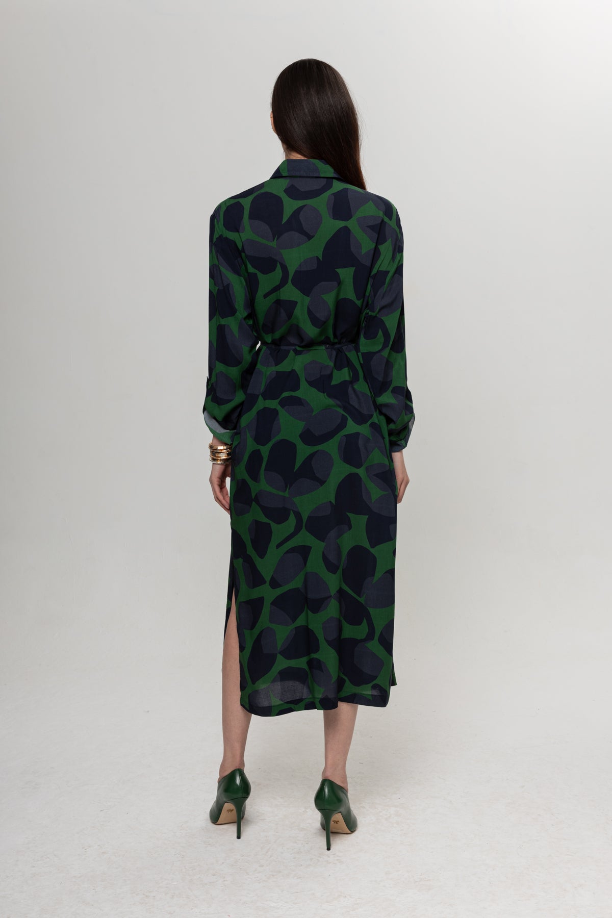 LACİVERT YEŞİL DESENLİ GÖMLEK ELBİSE