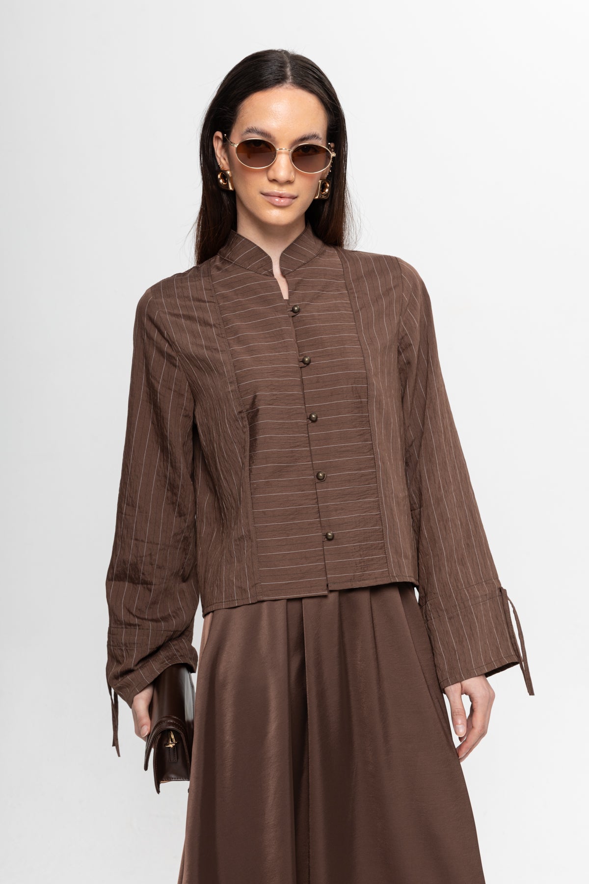 KAHVE ÇİZGİLİ ÖNÜ BRİTLİ ETEK TAKIM