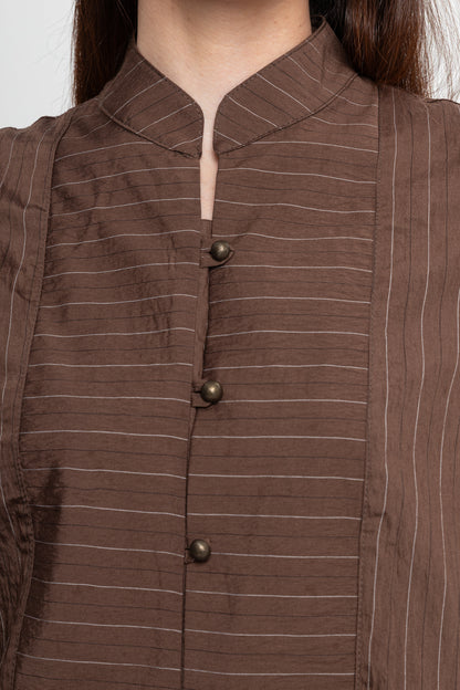 KAHVE ÇİZGİLİ ÖNÜ BRİTLİ ETEK TAKIM