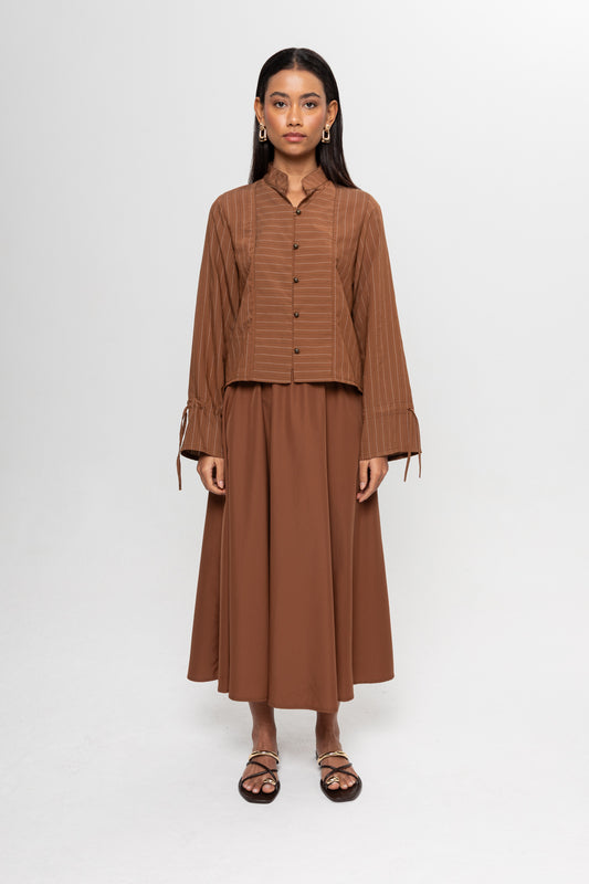 CAMEL  ÇİZGİLİ ÖNÜ BRİTLİ ETEK TAKIM