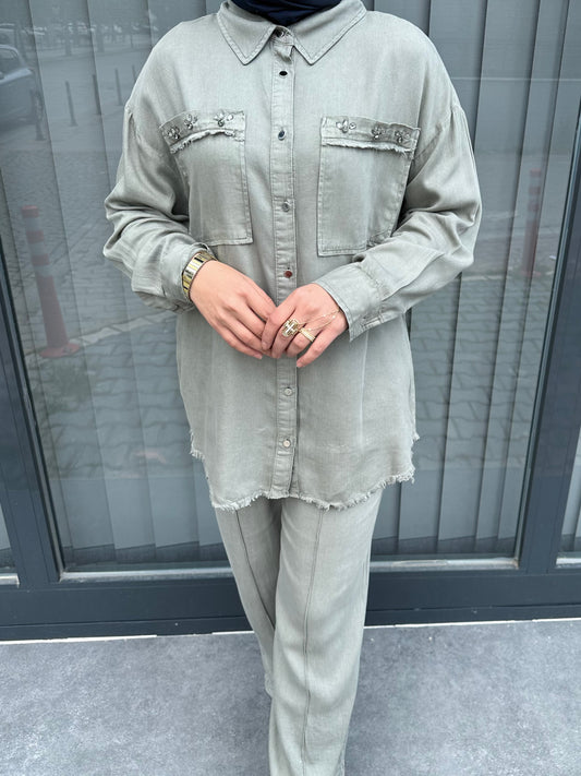HAKİ YEŞİL İŞLEME DETAYLI TENSEL TAKIM