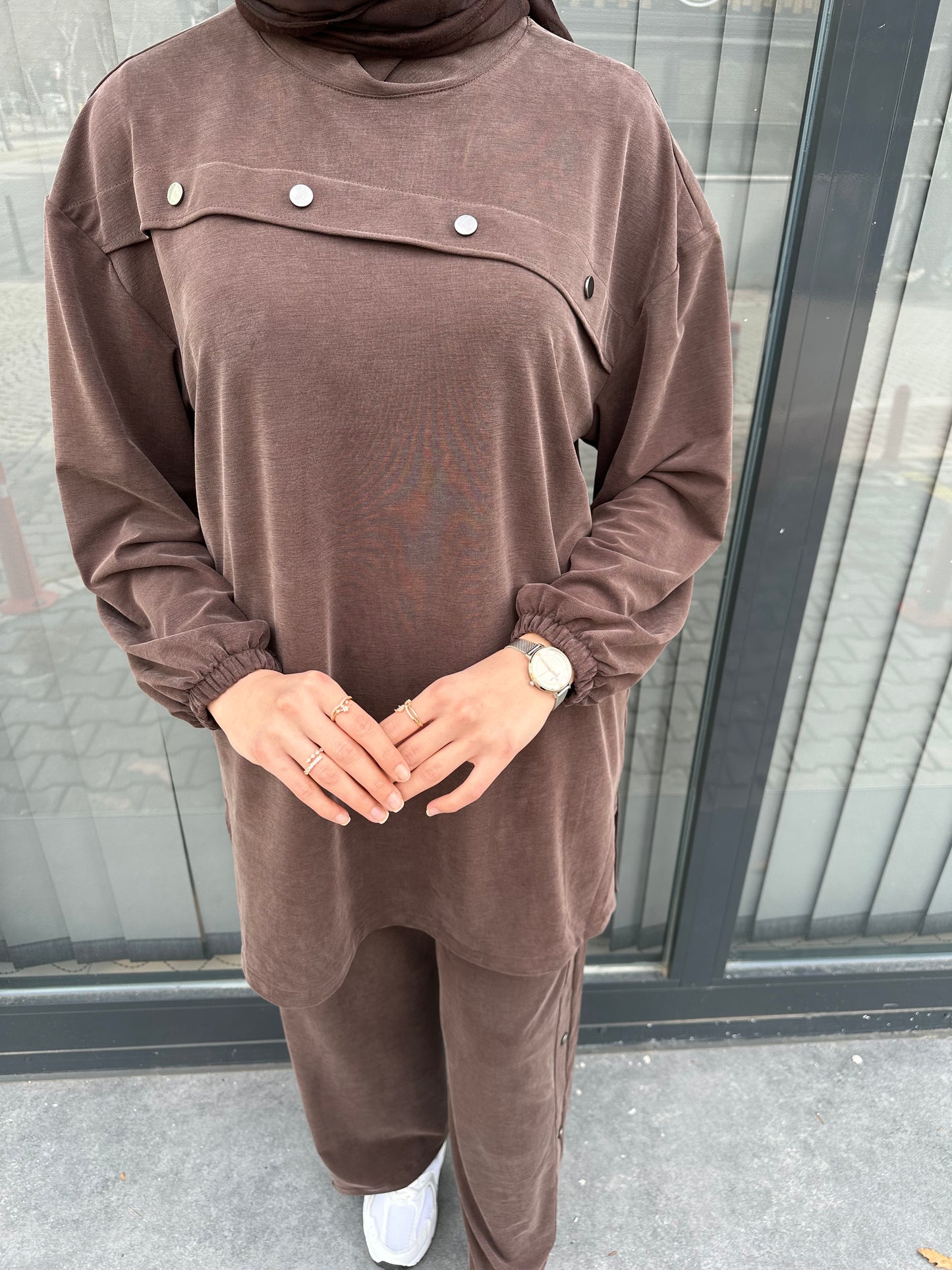 KAHVE GÜMÜŞ DÜĞME DETAYLI PANTOLON TAKIM