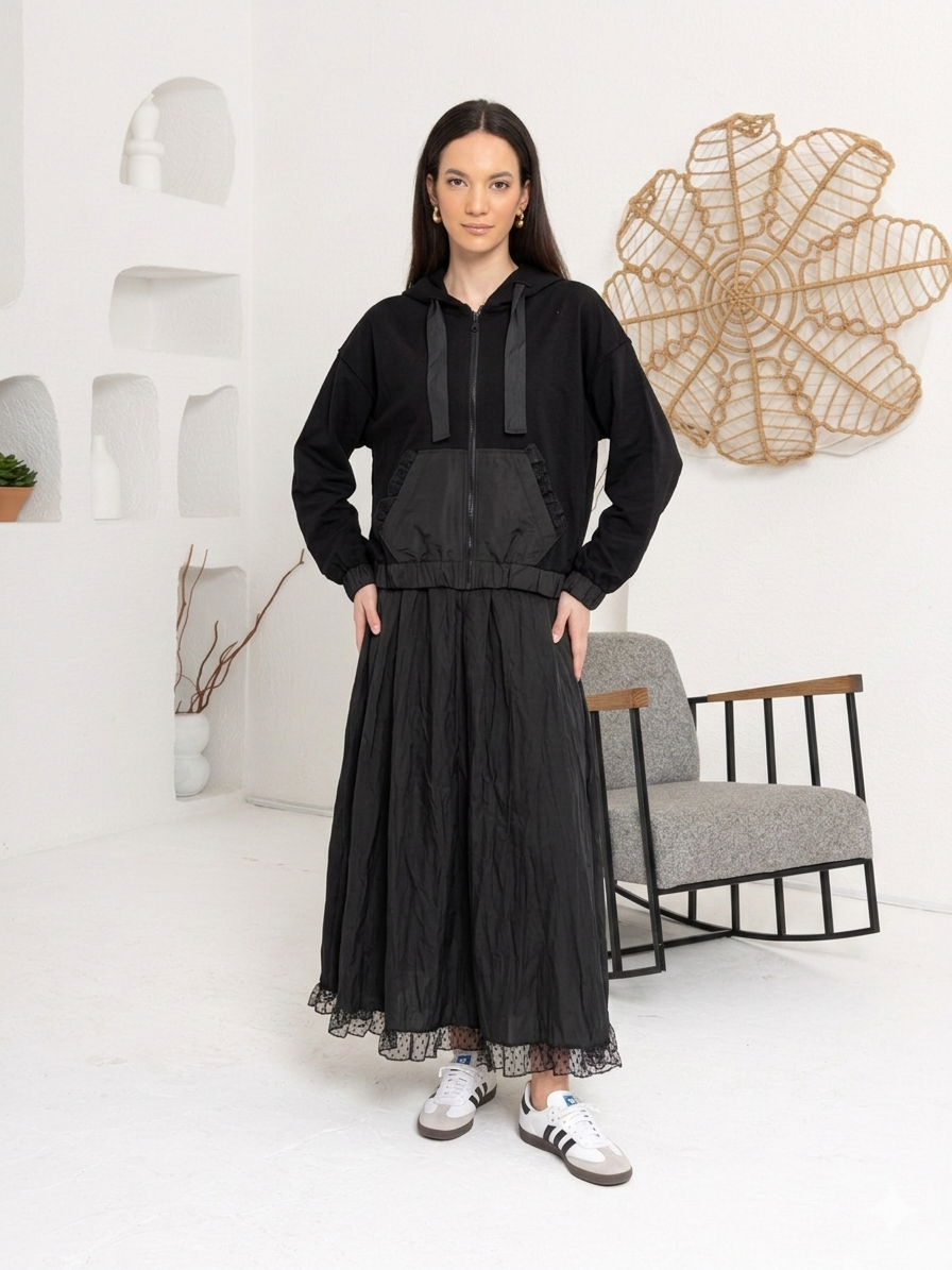 SİYAH DANTEL DETAY BOMBER ETEK TAKIM