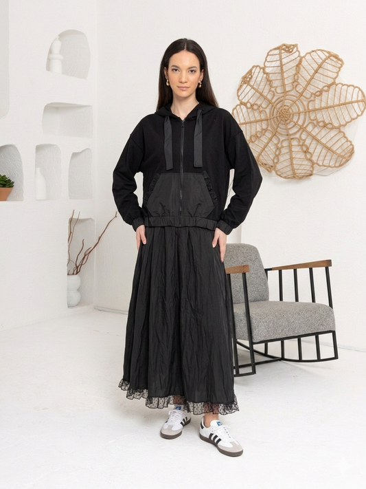 SİYAH DANTEL DETAY BOMBER ETEK TAKIM