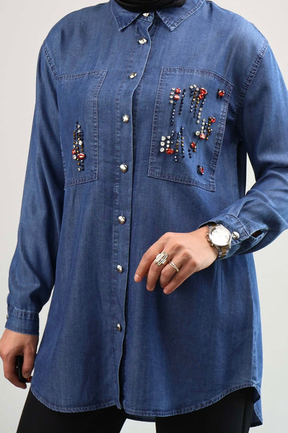 KOYU DENIM RENKLİ TAŞ DETAY TENCEL GÖMLEK