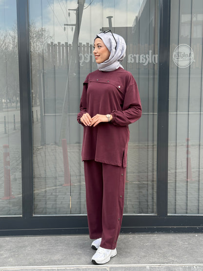 BORDO GÜMÜŞ DÜĞME DETAYLI PANTOLON TAKIM