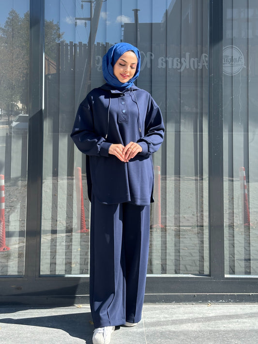LACİVERT ÖNÜ ÇITÇIT DETAYLI YÜKSEK YAKA PANTOLON TAKIM