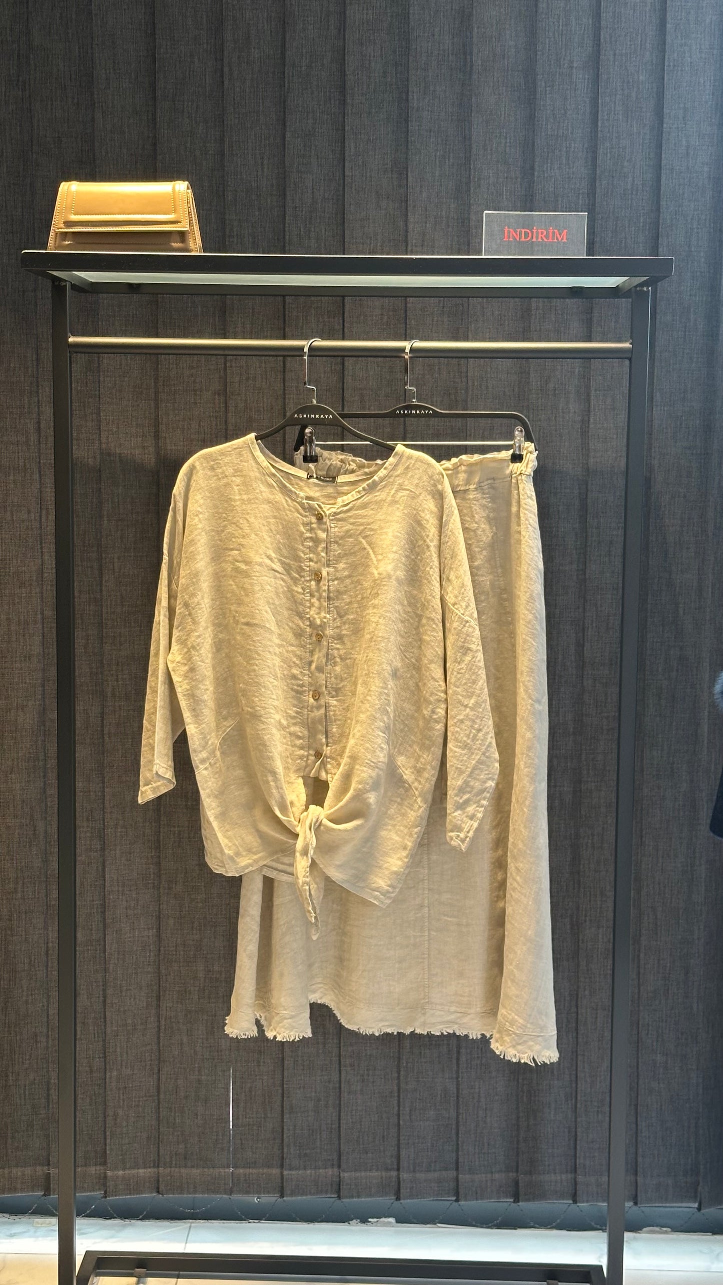 BEJ ÖNÜ BAĞLAMALI KETEN ETEK TAKIM