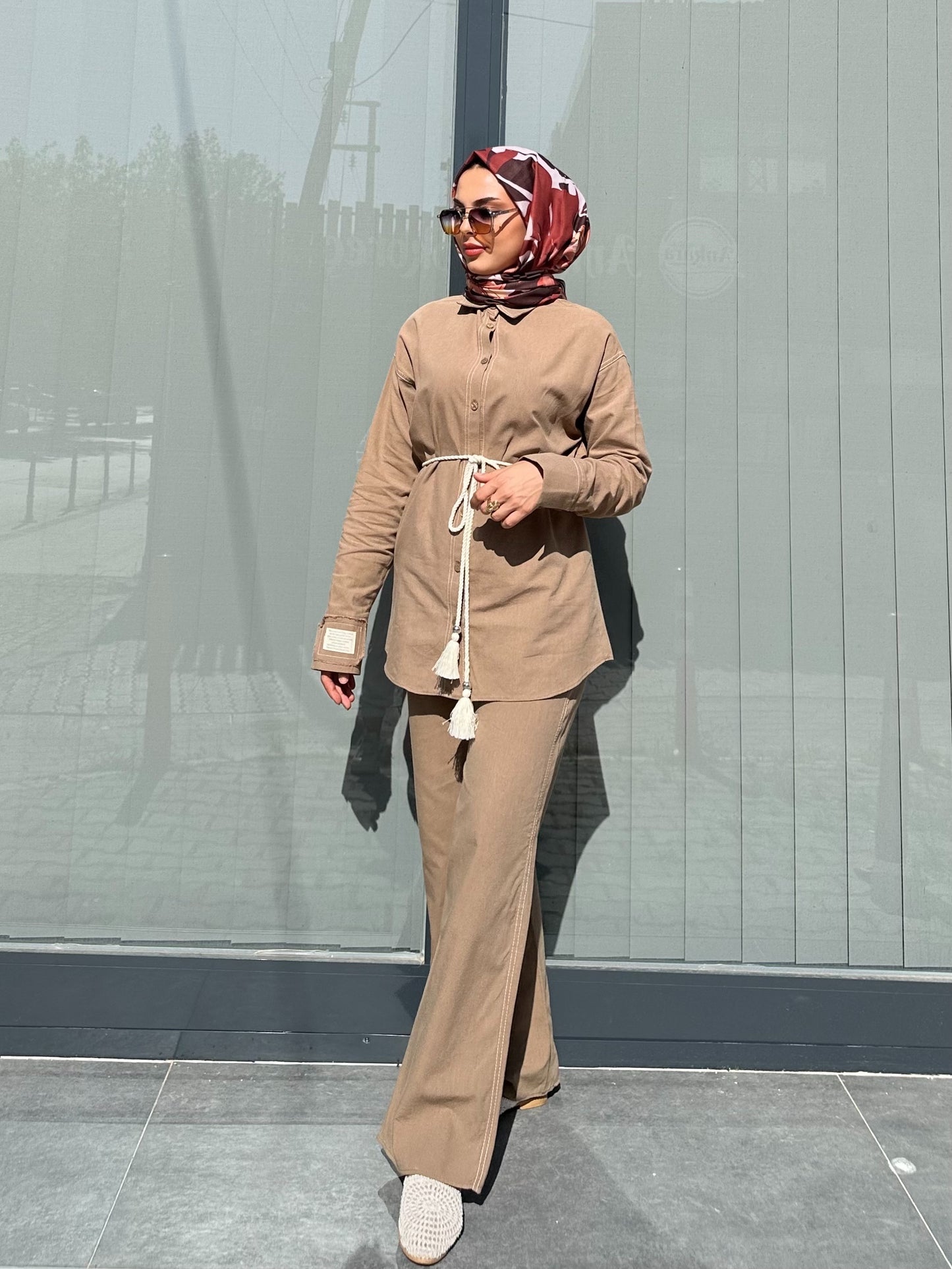 CAMEL ETİKET DETAYLI KETEN PANTOLON TAKIM