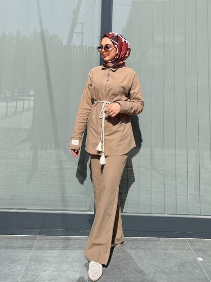 CAMEL ETİKET DETAYLI KETEN PANTOLON TAKIM