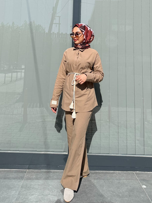CAMEL ETİKET DETAYLI KETEN PANTOLON TAKIM