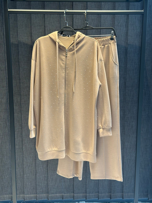 BEJ ÖNÜ TAŞLI FERMUAR DETAYLI PANTOLON TAKIM