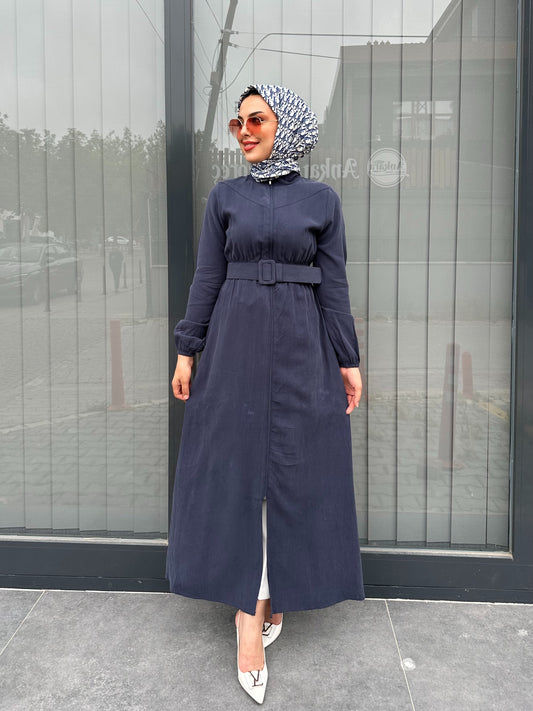 LACİVERT KEMERLİ FERMUAR DETAYLI KAP