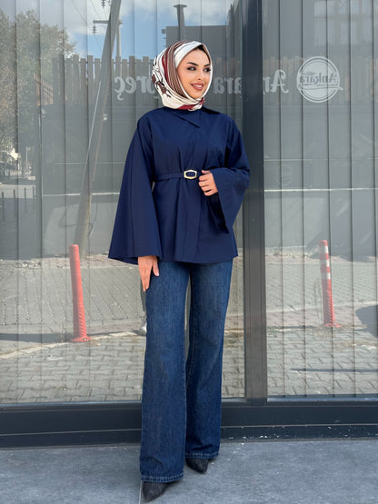 LACİVERT KEMER DETAYLI GÖMLEK