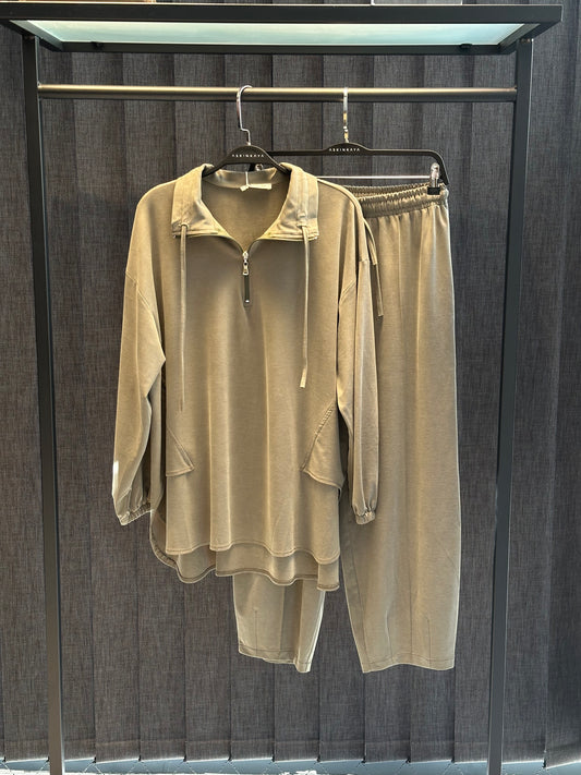 HAKİ  DİK YAKALI FERMUARLI PANTOLON TAKIM