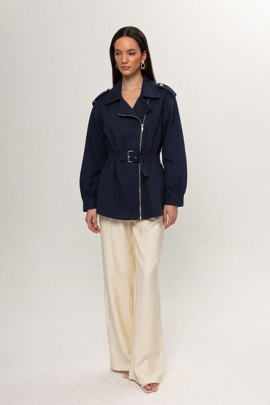 LACİVERT BELİ LASTİKLİ KEMER DETAY KOT CEKET