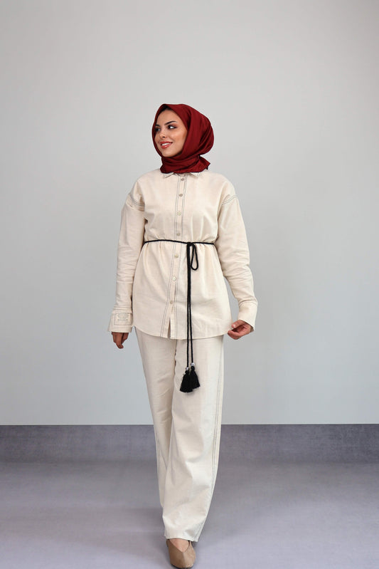 BEJ SİYAH DİKİŞ DETAYLI PANTOLON TAKIM