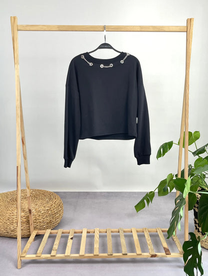 SİYAH ZİNCİR DETAYLI KISA SWEATSHIRT - ASKINKAYA