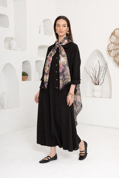 SİYAH PEMBE ÇİÇEK DESENLİ ŞAL