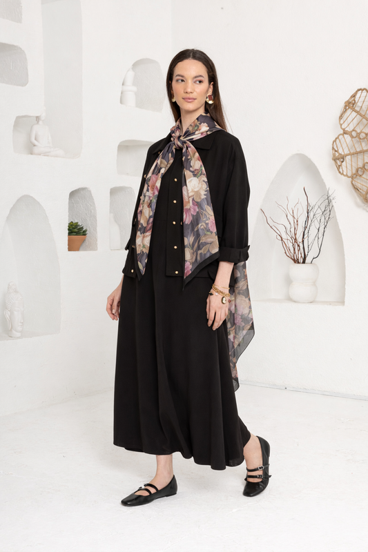 SİYAH PEMBE ÇİÇEK DESENLİ ŞAL