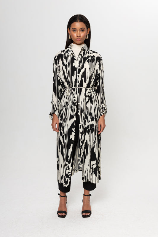 SİYAH BEJ KARIŞIK DESENLİ GÖMLEK ELBİSE