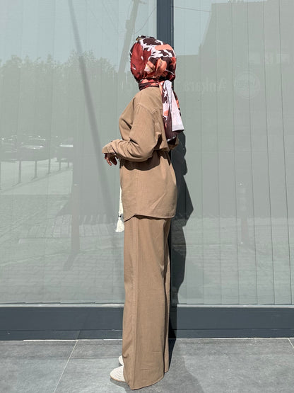 CAMEL ETİKET DETAYLI KETEN PANTOLON TAKIM