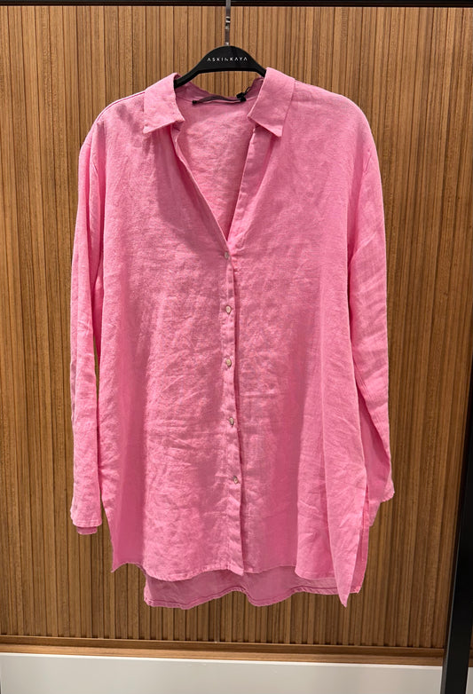 PEMBE V YAKA KETEN GÖMLEK