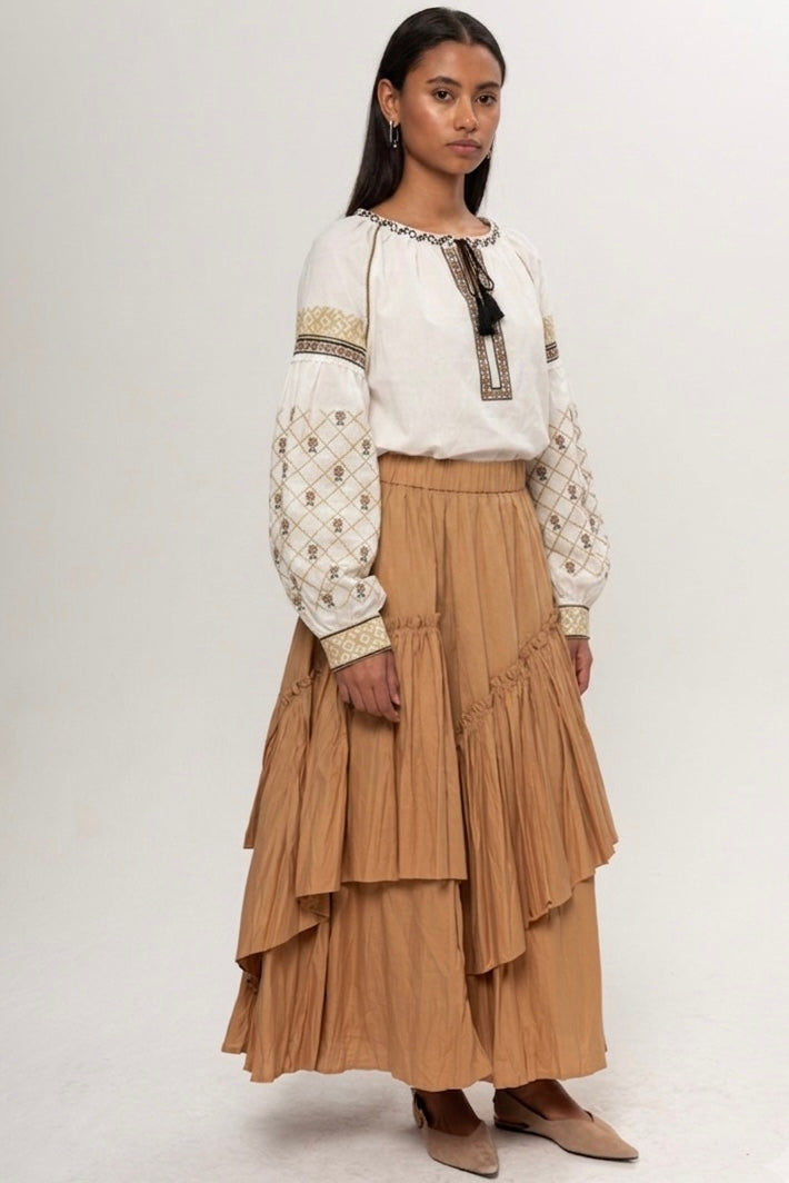 EKRU KOLLARI CAMEL RENKLİ BLUZ