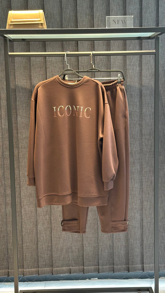 KAHVE  TAŞ VE YÜKSEK BASKILI ŞIK PANTOLON TAKIM