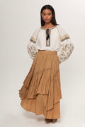 EKRU KOLLARI CAMEL RENKLİ BLUZ