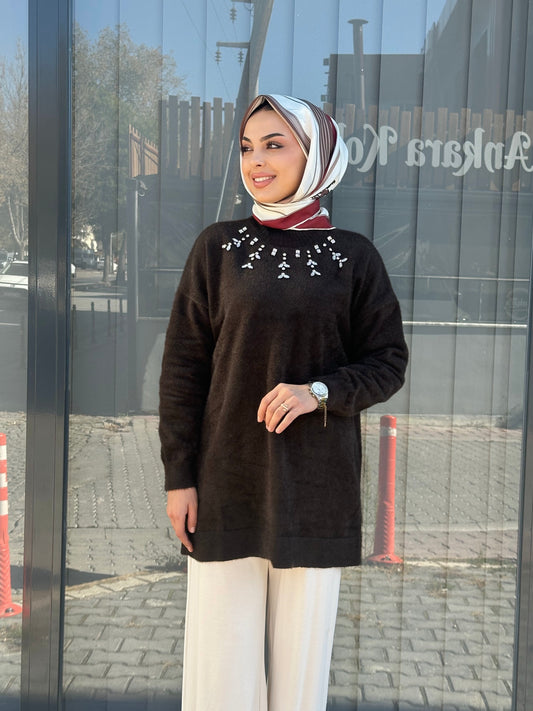 KAHVE ÖNÜ TAŞLI ANGORA KAZAK