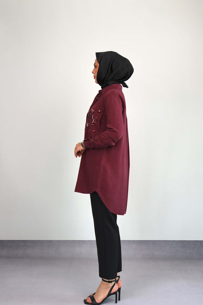 BORDO CEBİ TAŞLI  ASİMETRİK TENSEL GÖMLEK