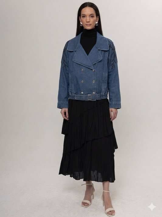 AÇIK DENİM OMUZLARI TAŞ DETAY KOT CEKET